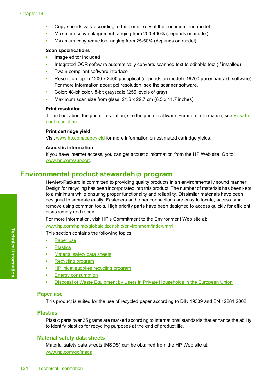 Environmental product stewardship program, Paper use, Plastics | Material safety data sheets | HP Deskjet F2140 All-in-One Printer User Manual | Page 136 / 140