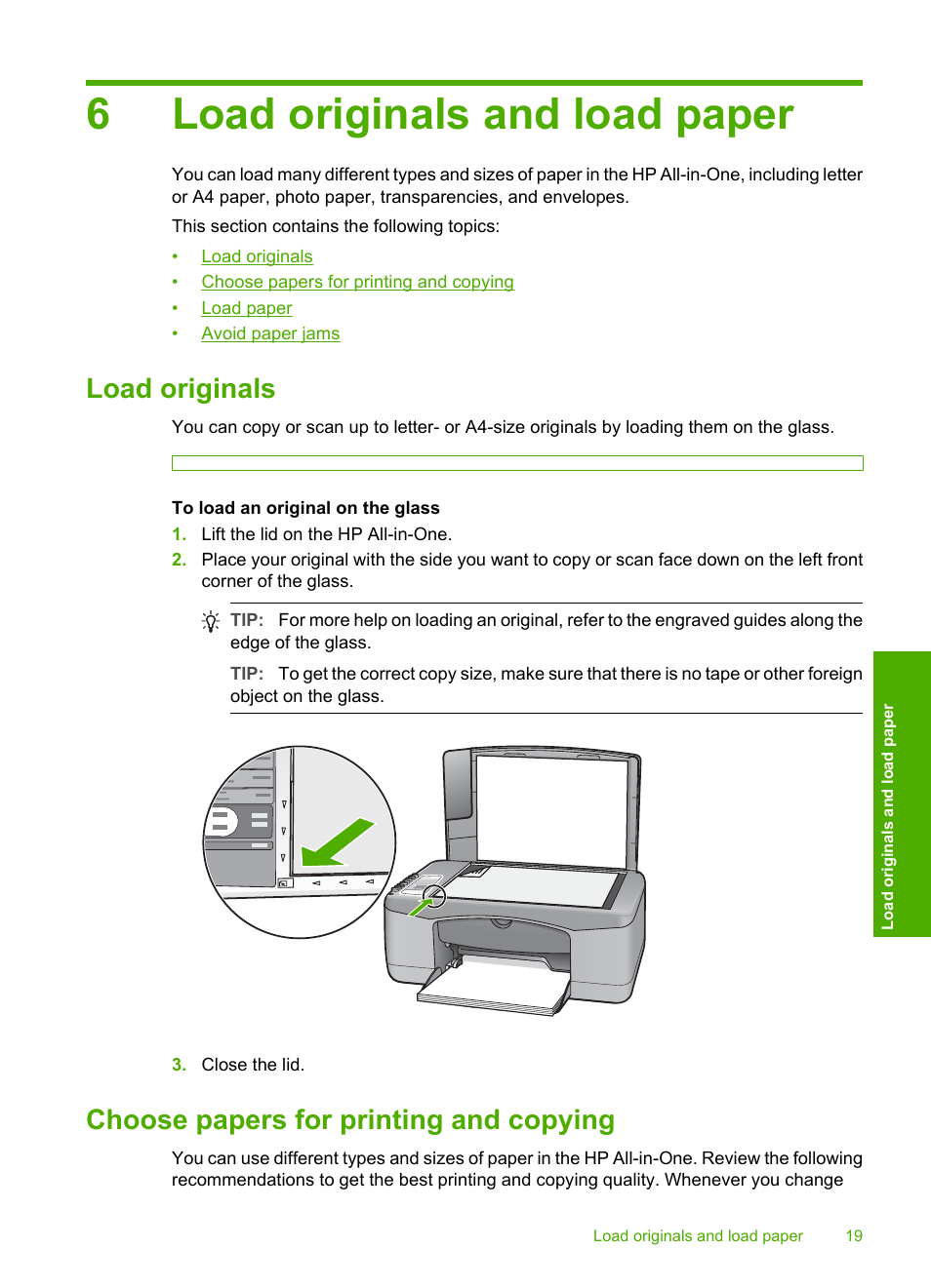 Load originals and load paper, Load originals, Choose papers for printing and copying | 6 load originals and load paper, 6load originals and load paper | HP Deskjet F2140 All-in-One Printer User Manual | Page 21 / 140