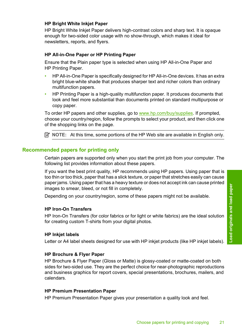 Recommended papers for printing only | HP Deskjet F2140 All-in-One Printer User Manual | Page 23 / 140