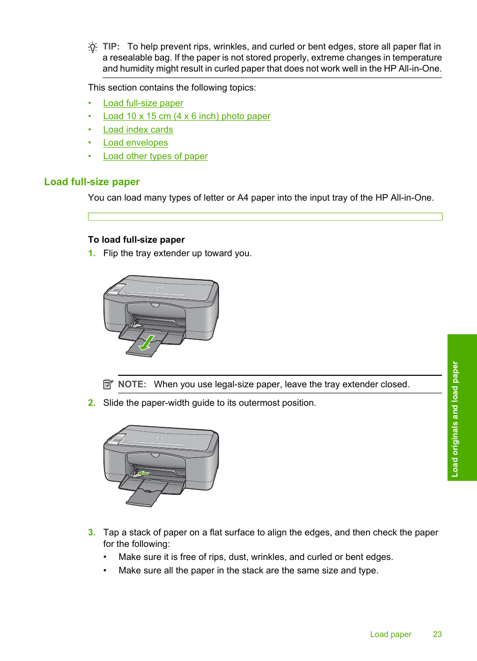 Load full-size paper | HP Deskjet F2140 All-in-One Printer User Manual | Page 25 / 140