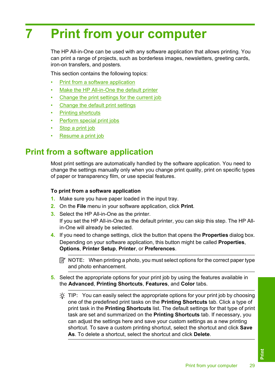 Print from your computer, Print from a software application, 7 print from your computer | 7print from your computer | HP Deskjet F2140 All-in-One Printer User Manual | Page 31 / 140