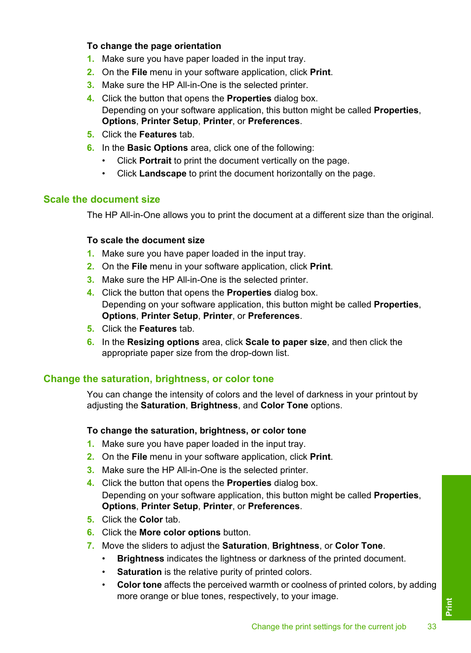 Scale the document size, Change the saturation, brightness, or color tone | HP Deskjet F2140 All-in-One Printer User Manual | Page 35 / 140