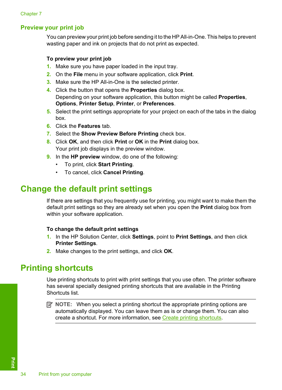 Preview your print job, Change the default print settings, Printing shortcuts | Create printing shortcuts | HP Deskjet F2140 All-in-One Printer User Manual | Page 36 / 140