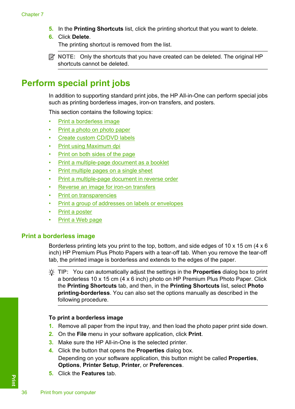 Perform special print jobs, Print a borderless image | HP Deskjet F2140 All-in-One Printer User Manual | Page 38 / 140