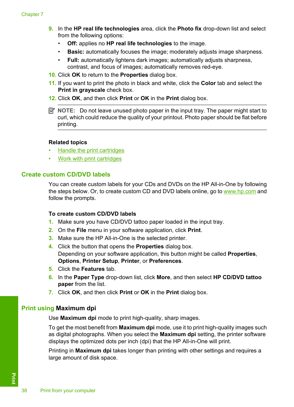 Create custom cd/dvd labels, Print using maximum dpi | HP Deskjet F2140 All-in-One Printer User Manual | Page 40 / 140