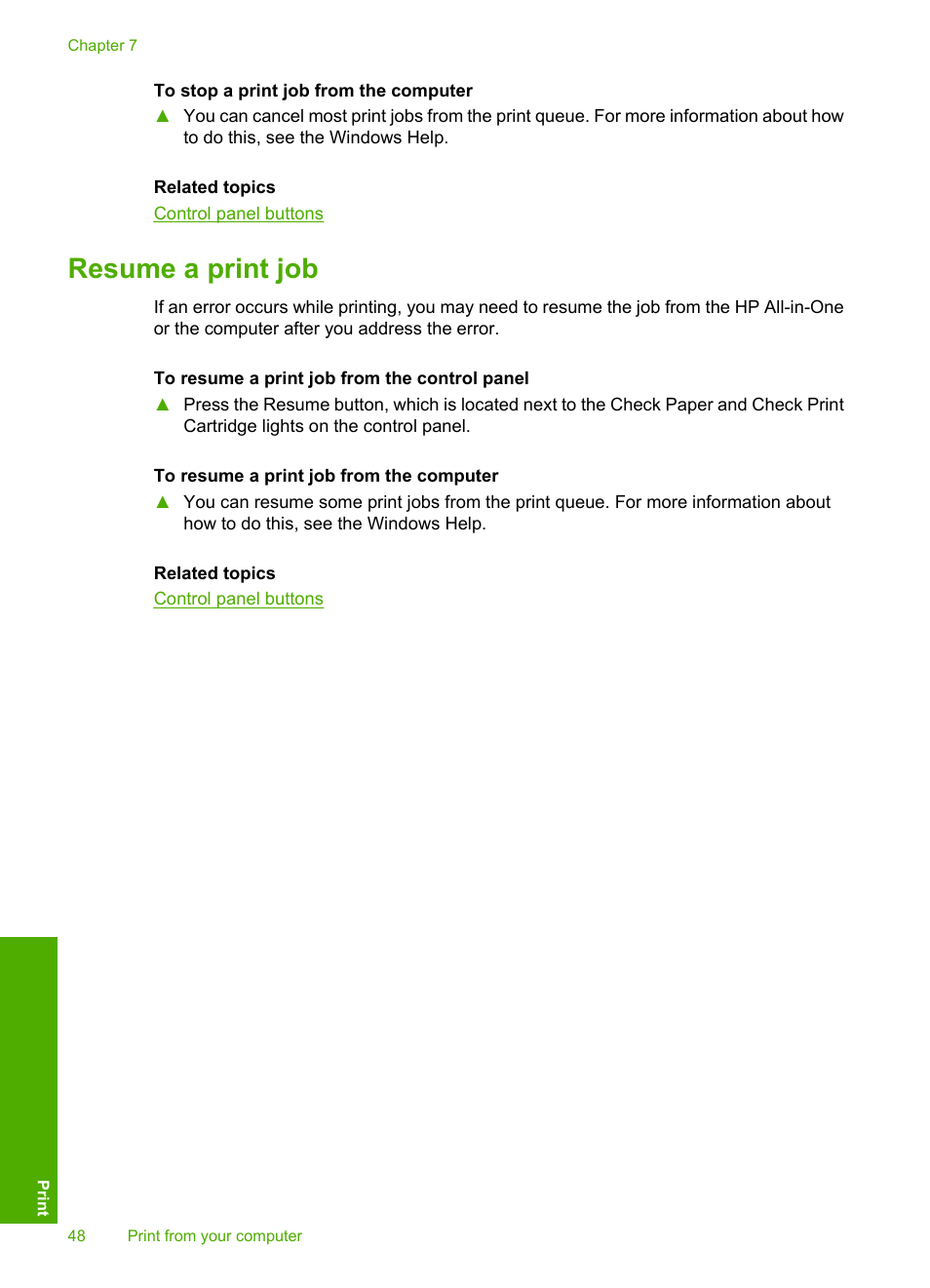 Resume a print job | HP Deskjet F2140 All-in-One Printer User Manual | Page 50 / 140