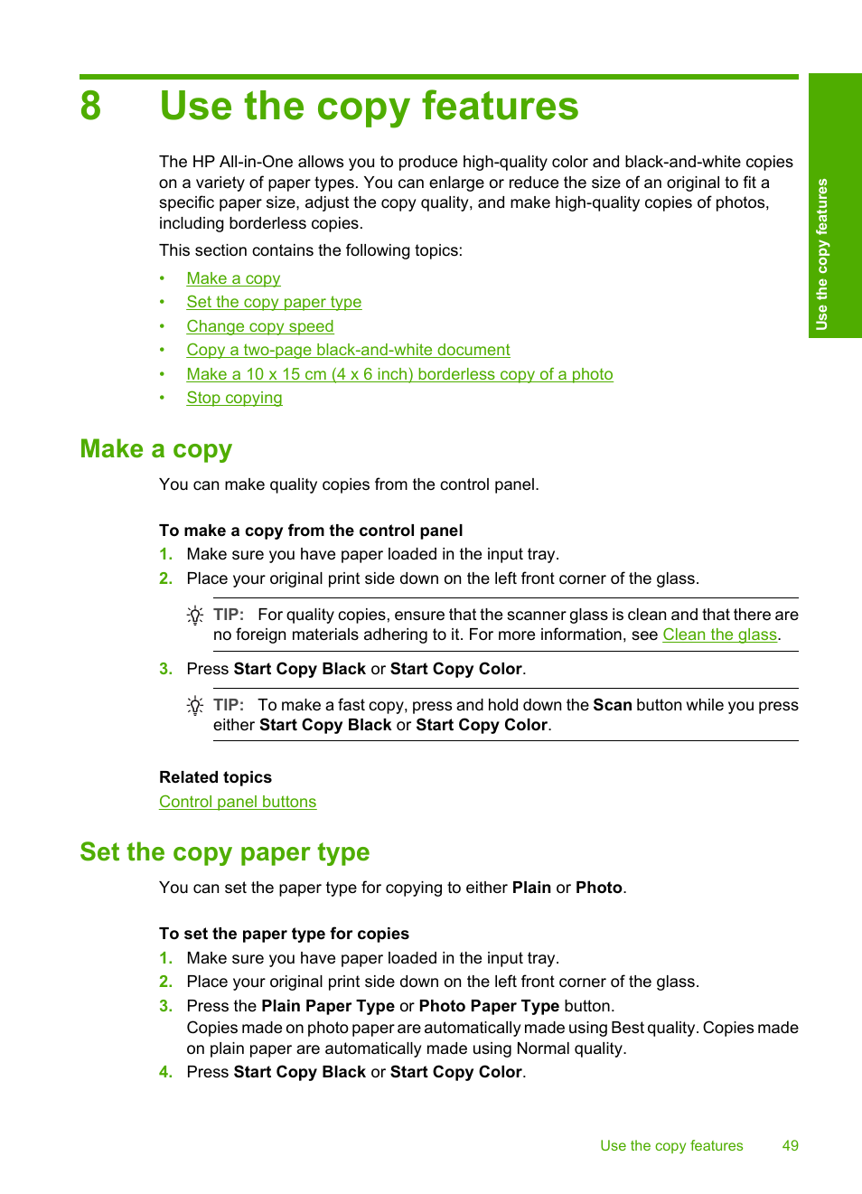 Use the copy features, Make a copy, Set the copy paper type | 8 use the copy features, Make a copy set the copy paper type, 8use the copy features | HP Deskjet F2140 All-in-One Printer User Manual | Page 51 / 140