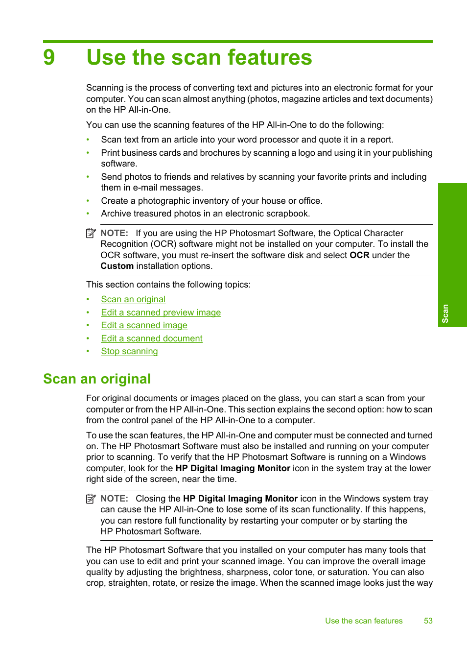 Use the scan features, Scan an original, 9 use the scan features | How do i scan using the control panel, 9use the scan features | HP Deskjet F2140 All-in-One Printer User Manual | Page 55 / 140