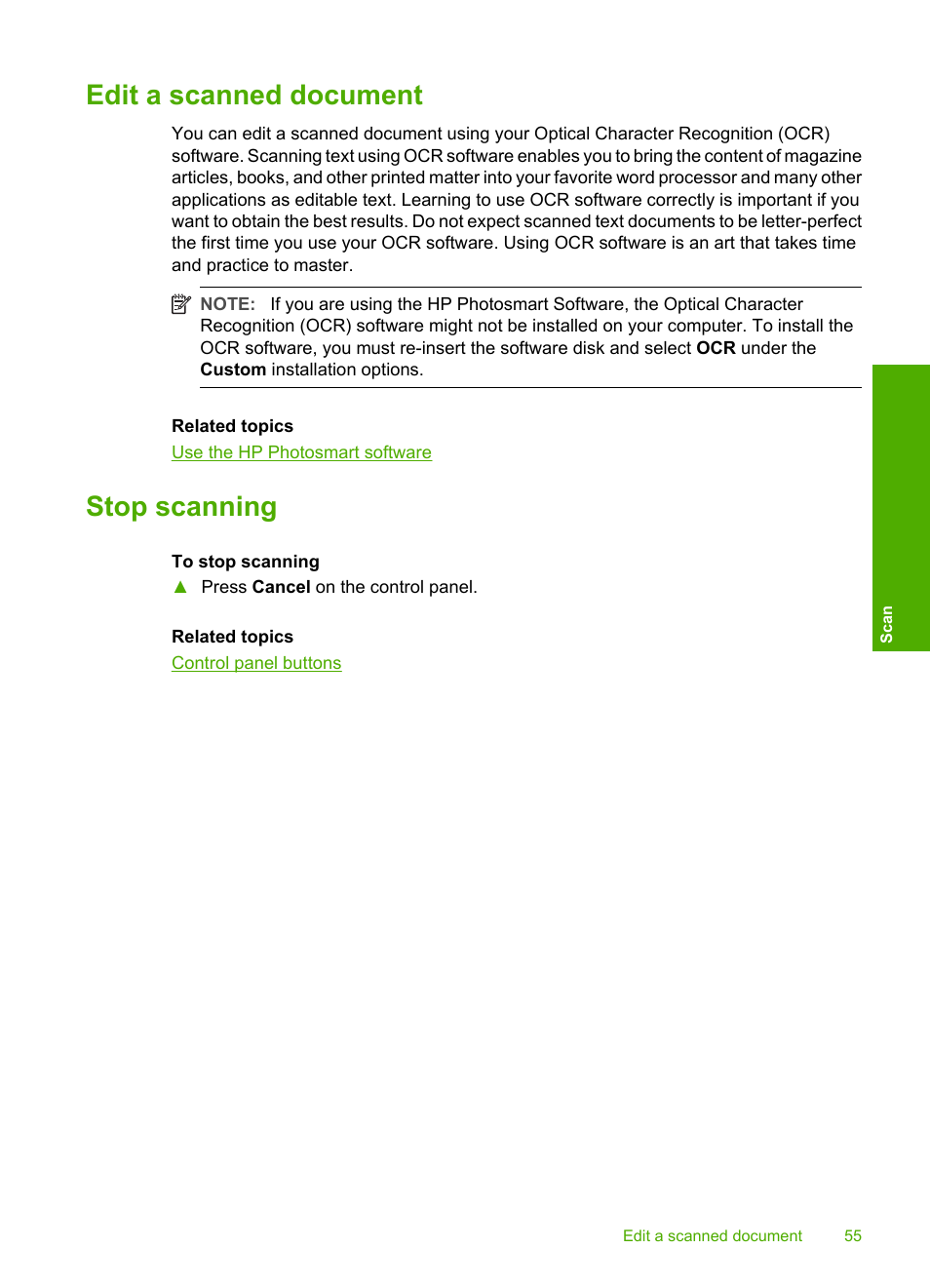 Edit a scanned document, Stop scanning, Edit a scanned document stop scanning | HP Deskjet F2140 All-in-One Printer User Manual | Page 57 / 140