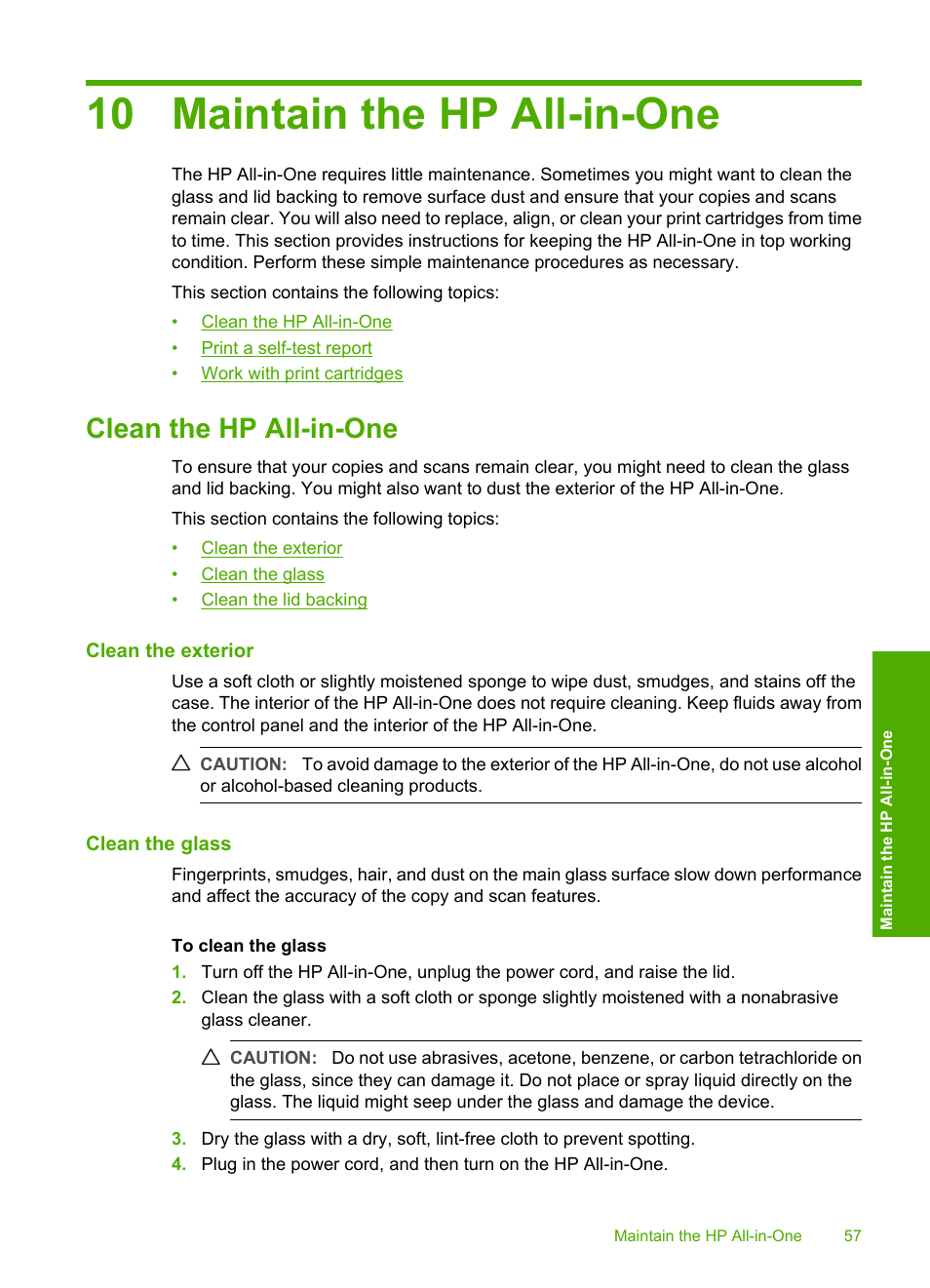 Maintain the hp all-in-one, Clean the hp all-in-one, Clean the exterior | Clean the glass, 10 maintain the hp all-in-one | HP Deskjet F2140 All-in-One Printer User Manual | Page 59 / 140