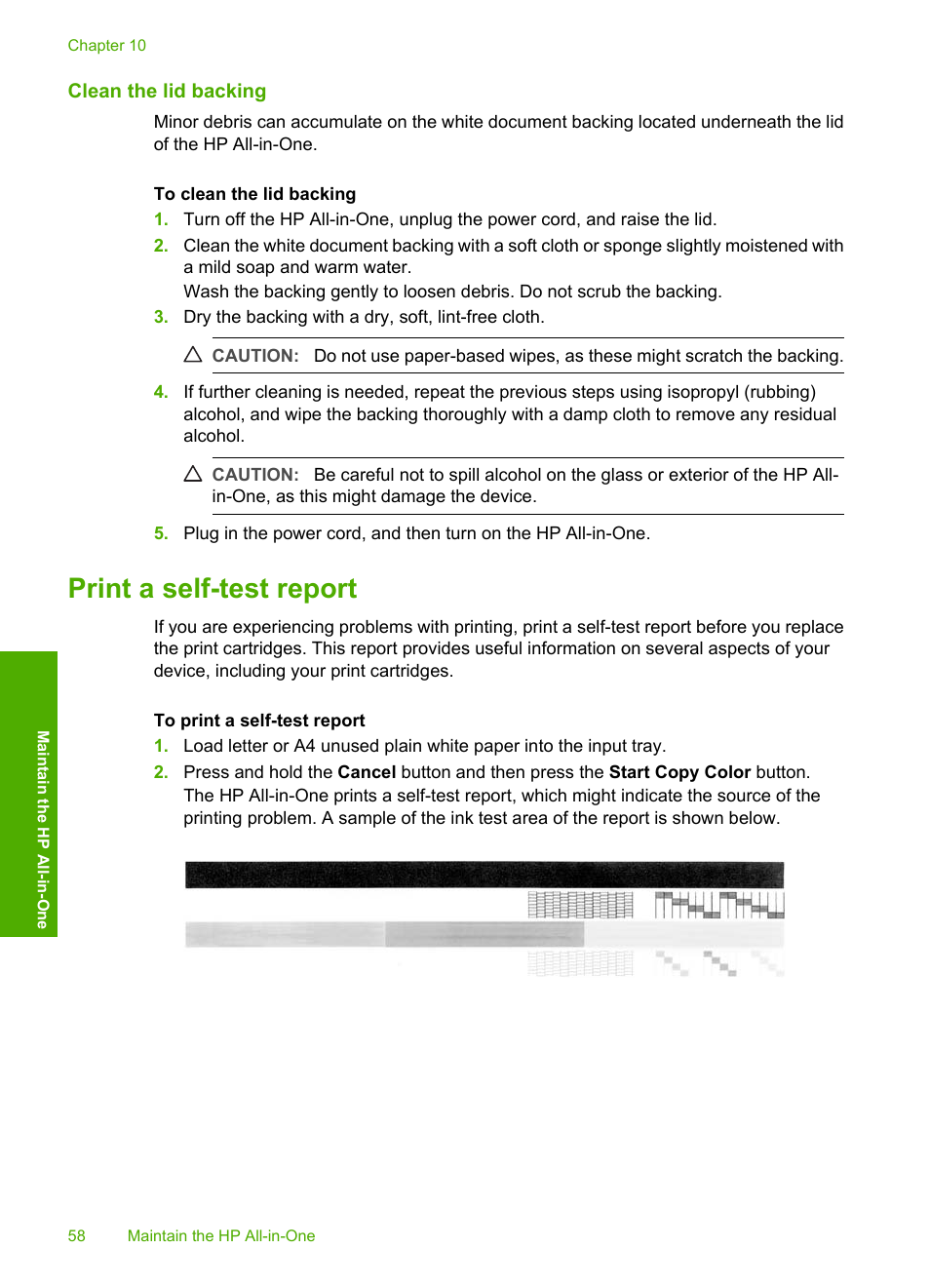 Clean the lid backing, Print a self-test report | HP Deskjet F2140 All-in-One Printer User Manual | Page 60 / 140