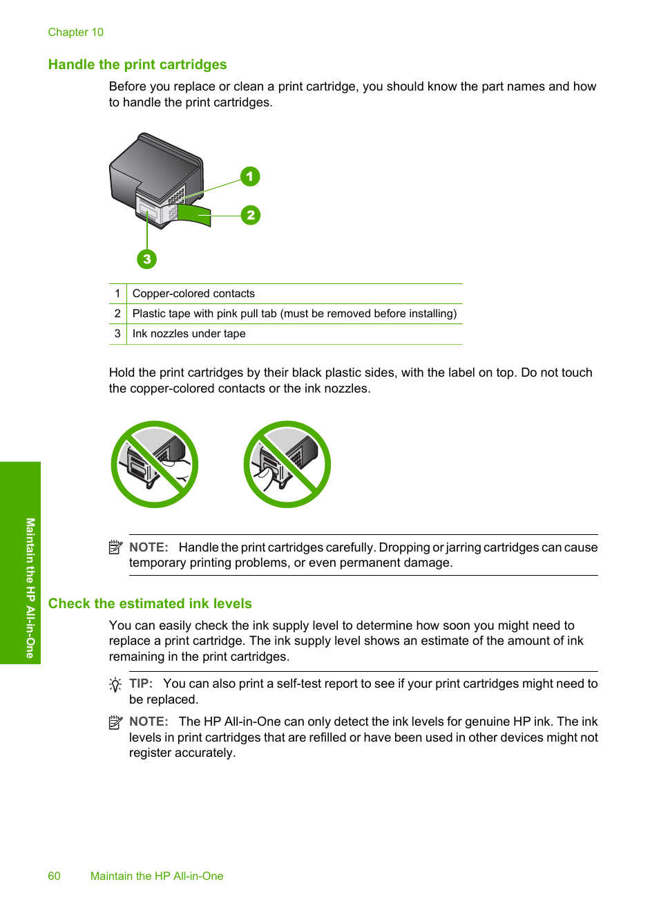 Handle the print cartridges, Check the estimated ink levels | HP Deskjet F2140 All-in-One Printer User Manual | Page 62 / 140