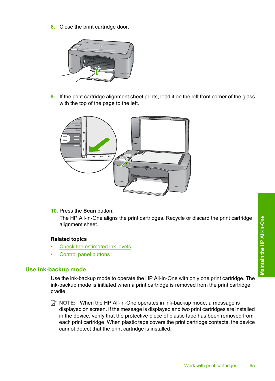 Use ink-backup mode | HP Deskjet F2140 All-in-One Printer User Manual | Page 67 / 140