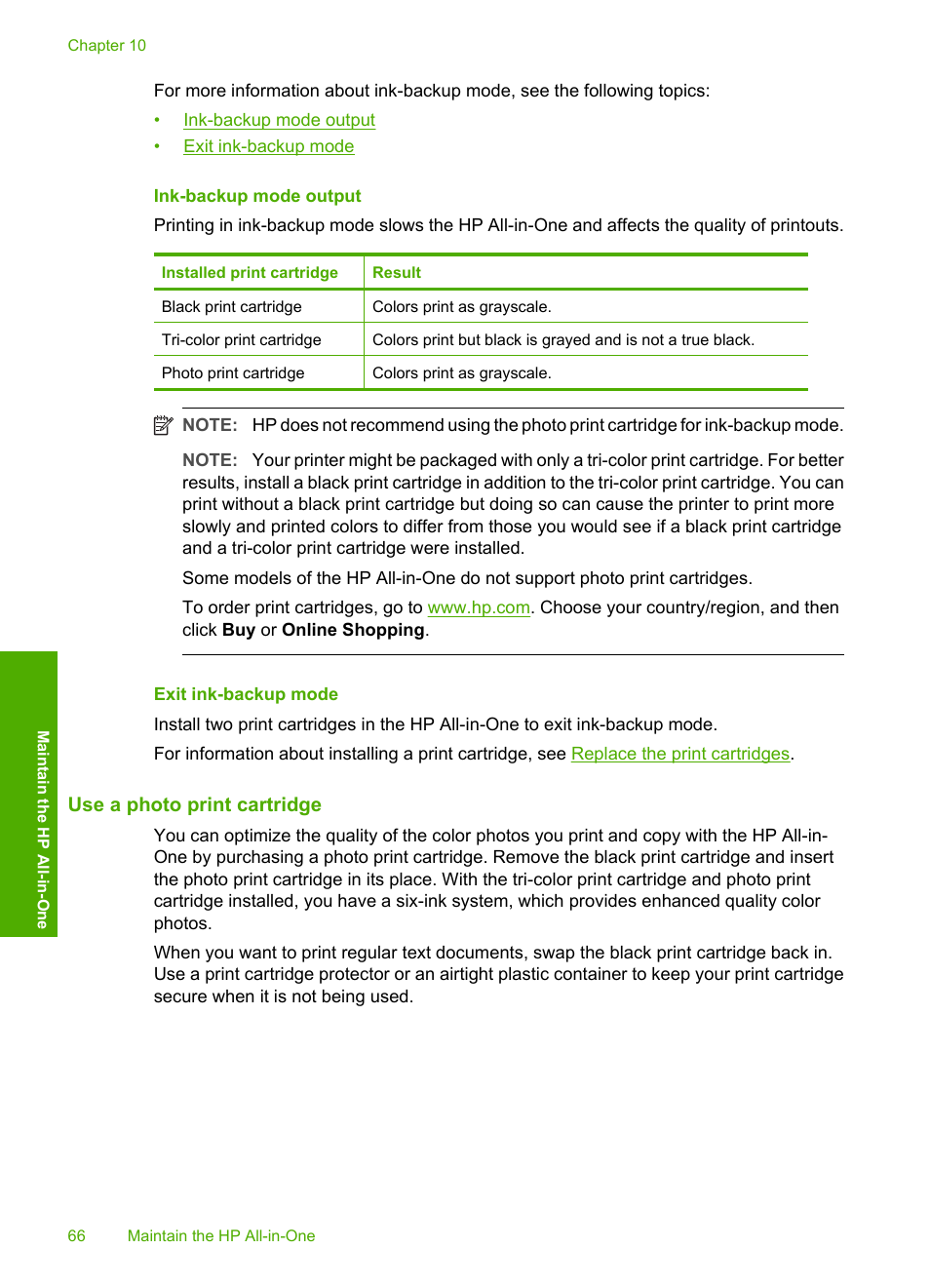 Ink-backup mode output, Exit ink-backup mode, Use a photo print cartridge | HP Deskjet F2140 All-in-One Printer User Manual | Page 68 / 140