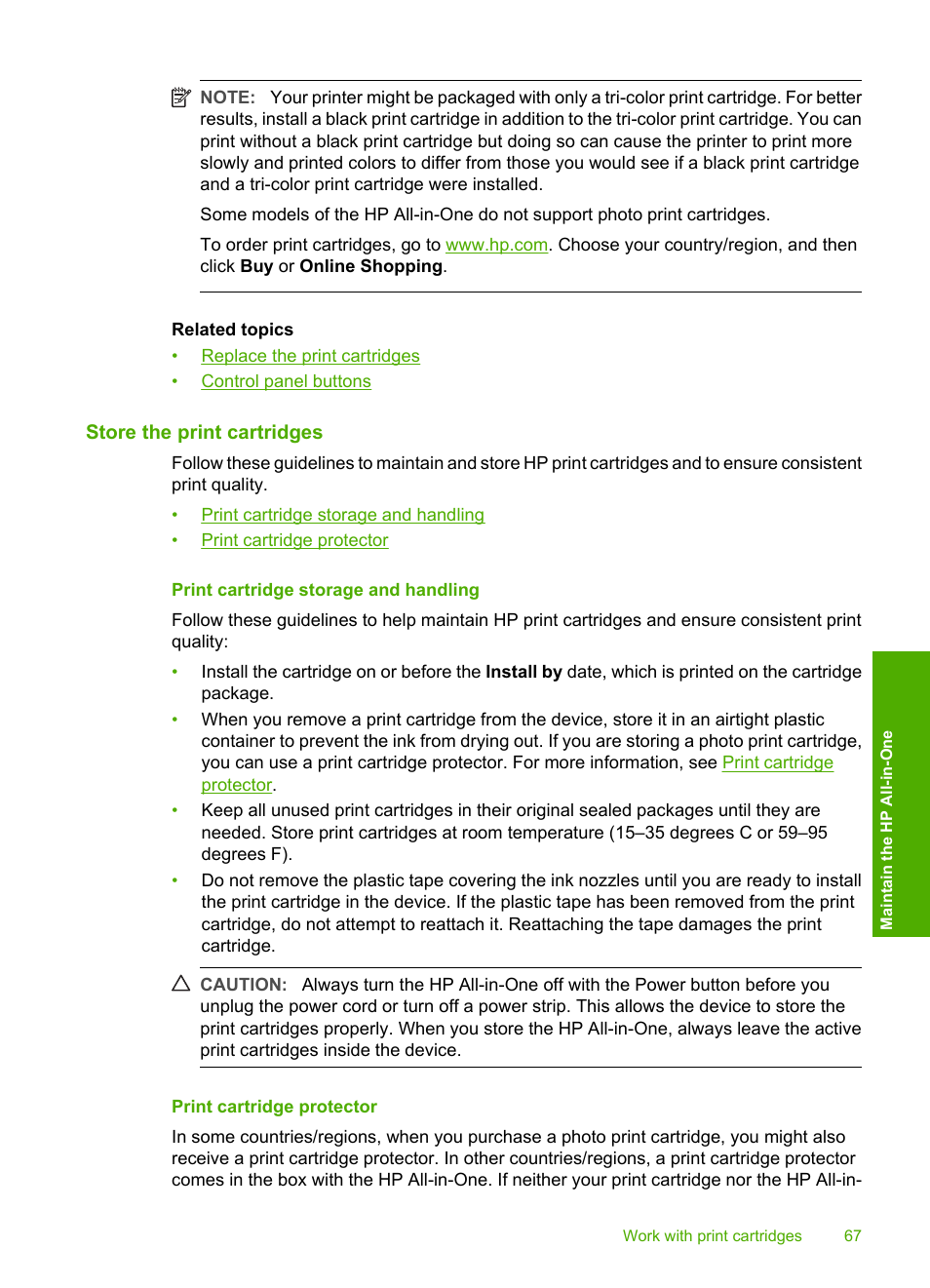 Store the print cartridges, Print cartridge storage and handling, Print cartridge protector | HP Deskjet F2140 All-in-One Printer User Manual | Page 69 / 140