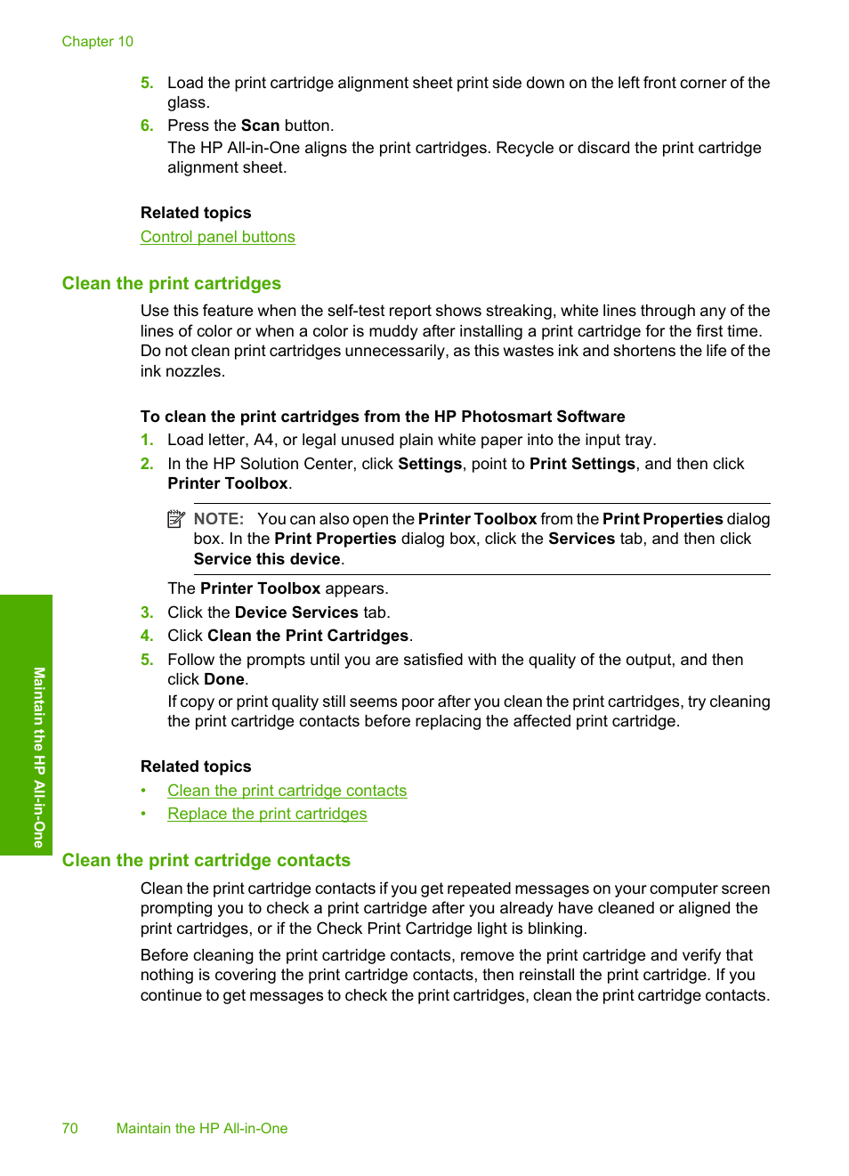 Clean the print cartridges, Clean the print cartridge contacts | HP Deskjet F2140 All-in-One Printer User Manual | Page 72 / 140