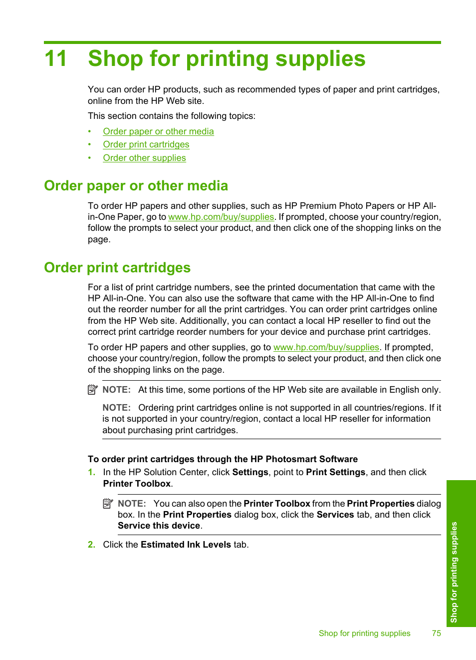 Shop for printing supplies, Order paper or other media, Order print cartridges | 11 shop for printing supplies, Order paper or other media order print cartridges | HP Deskjet F2140 All-in-One Printer User Manual | Page 77 / 140