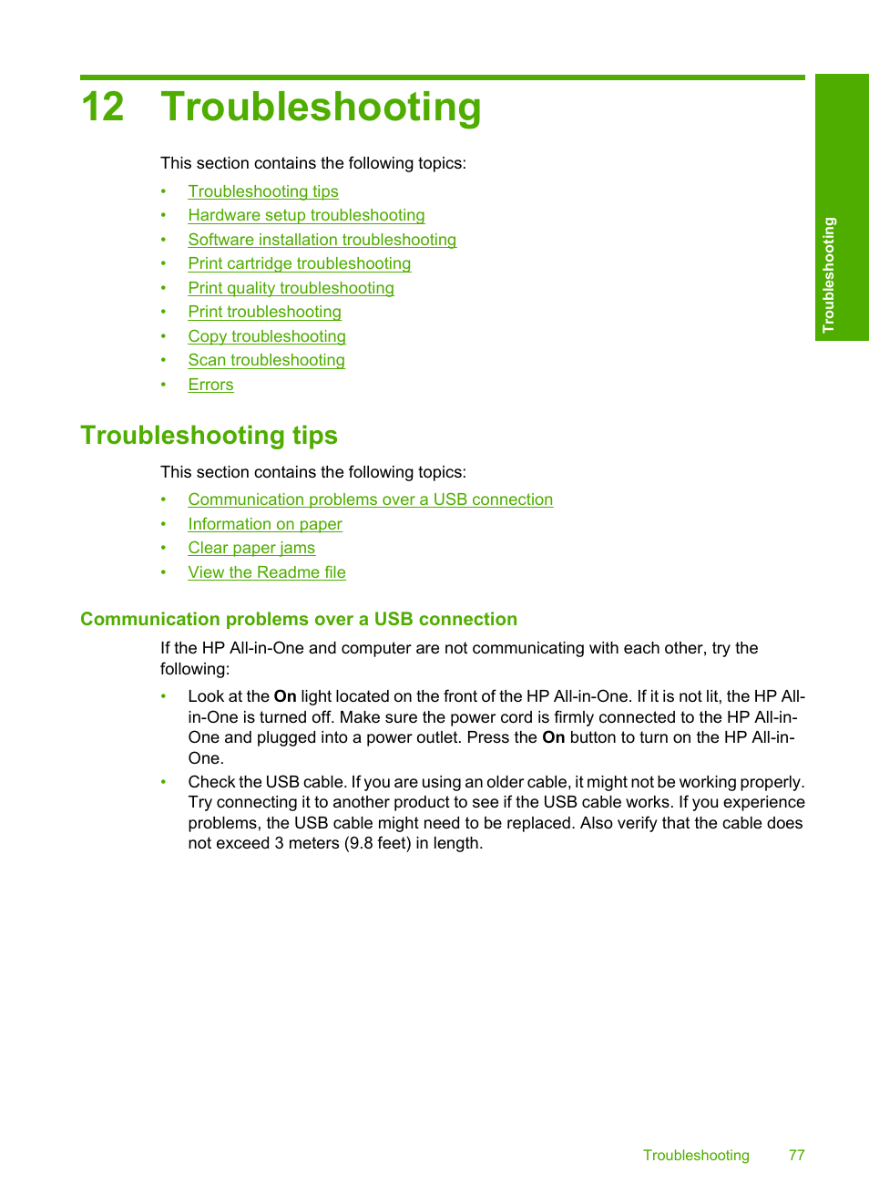 Troubleshooting, Troubleshooting tips, Communication problems over a usb connection | 12 troubleshooting | HP Deskjet F2140 All-in-One Printer User Manual | Page 79 / 140