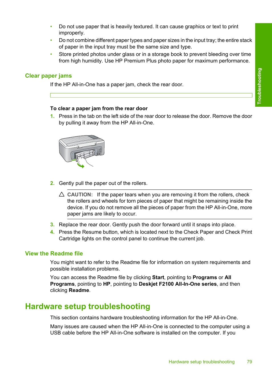 Clear paper jams, View the readme file, Hardware setup troubleshooting | How do i clear a paper jam | HP Deskjet F2140 All-in-One Printer User Manual | Page 81 / 140