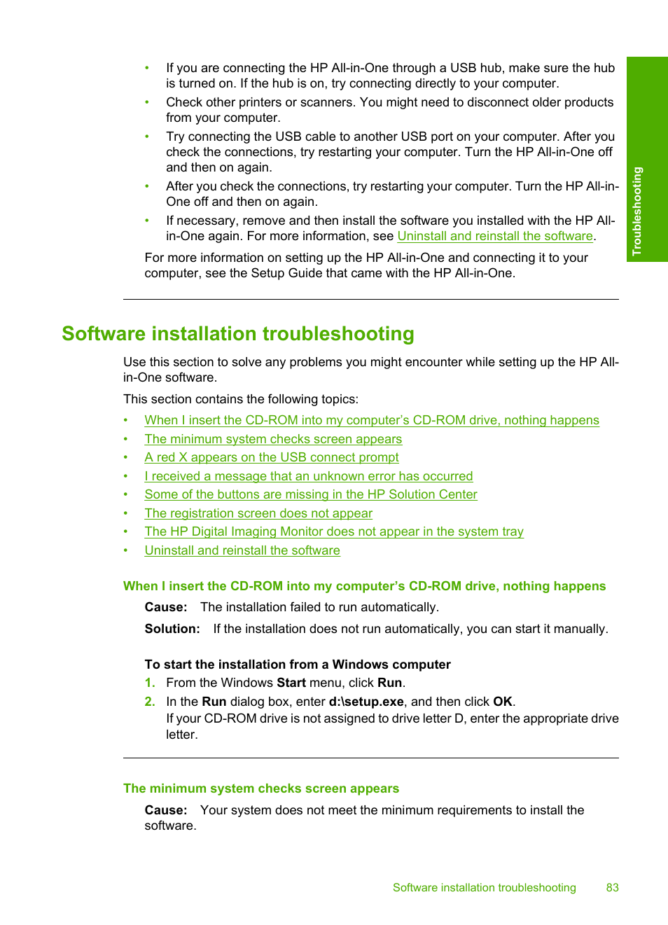 Software installation troubleshooting, Uninstall and reinstall the software | HP Deskjet F2140 All-in-One Printer User Manual | Page 85 / 140