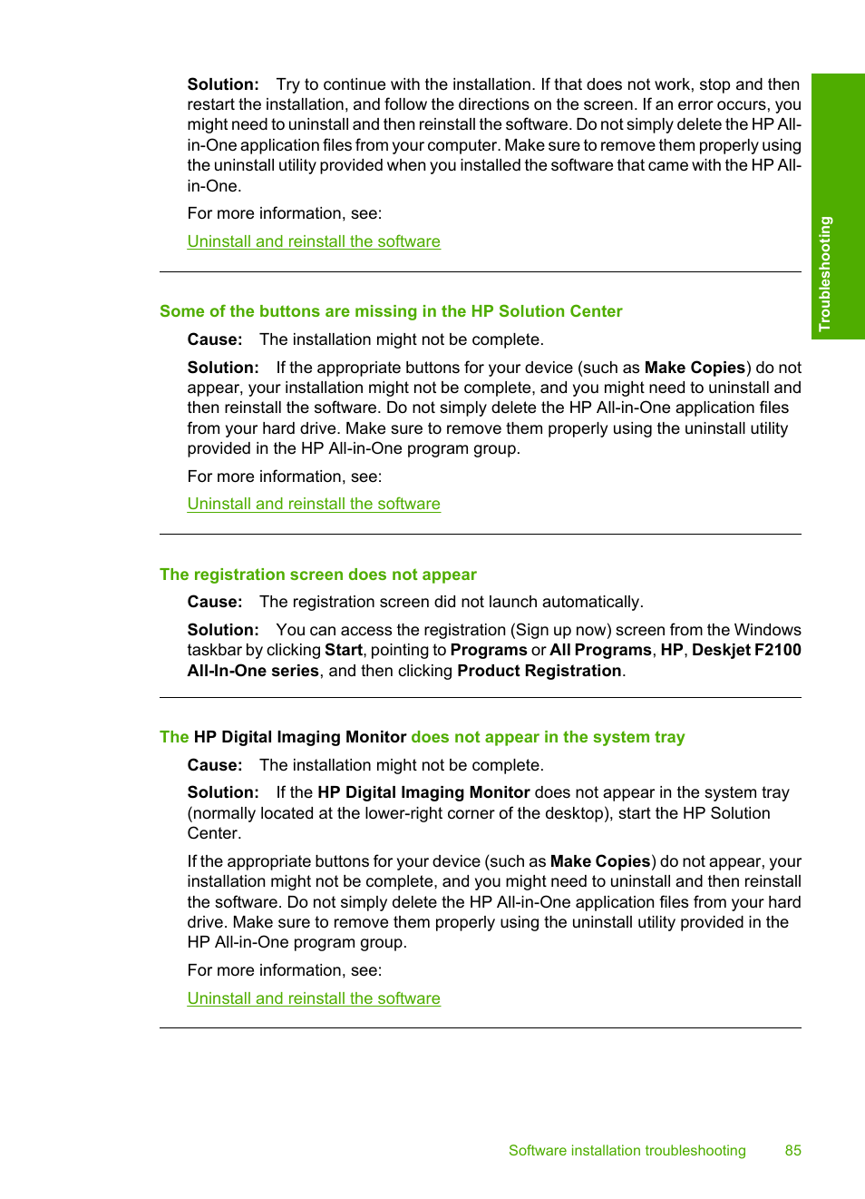 The registration screen does not appear | HP Deskjet F2140 All-in-One Printer User Manual | Page 87 / 140