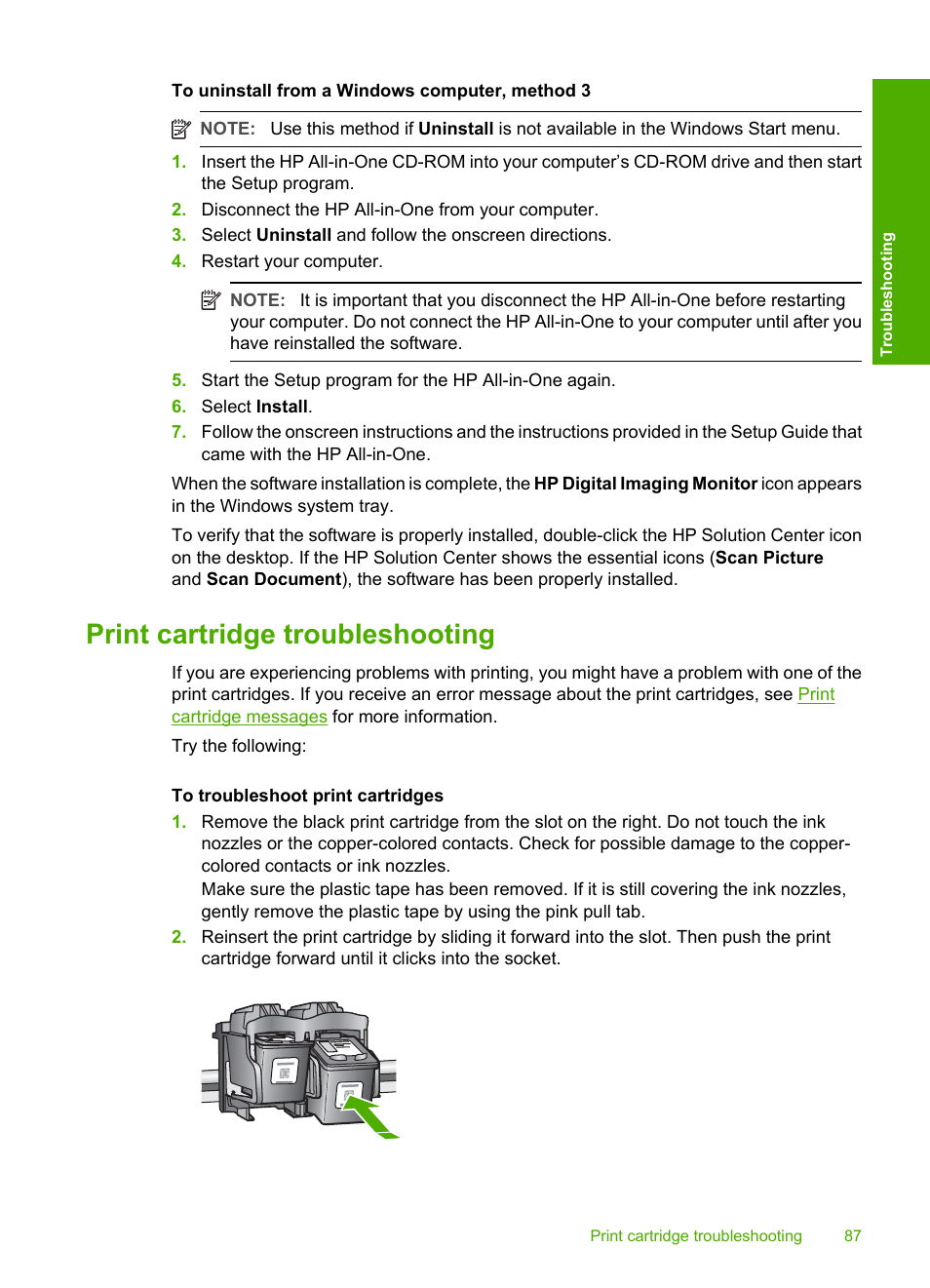 Print cartridge troubleshooting, Information on print cartridges | HP Deskjet F2140 All-in-One Printer User Manual | Page 89 / 140