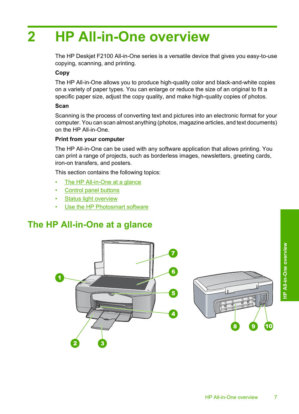 Hp all-in-one overview, The hp all-in-one at a glance, 2 hp all-in-one overview | 2hp all-in-one overview | HP Deskjet F2140 All-in-One Printer User Manual | Page 9 / 140