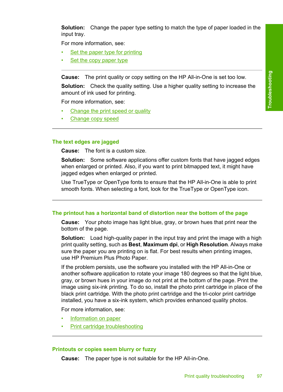 The text edges are jagged, Printouts or copies seem blurry or fuzzy | HP Deskjet F2140 All-in-One Printer User Manual | Page 99 / 140