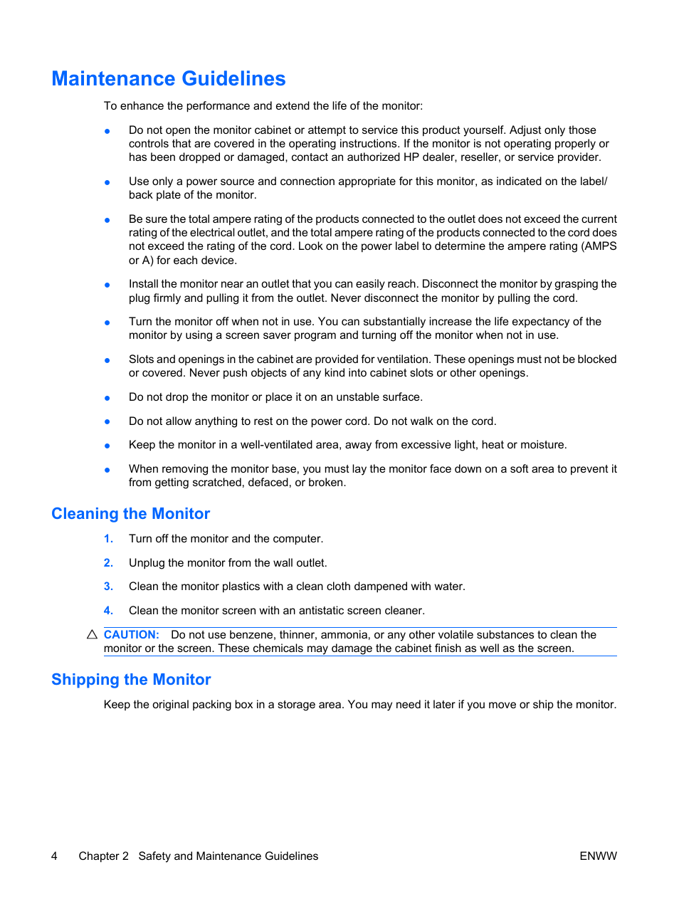 Maintenance guidelines, Cleaning the monitor, Shipping the monitor | Cleaning the monitor shipping the monitor | HP LP2065 20-inch LCD Monitor User Manual | Page 12 / 51