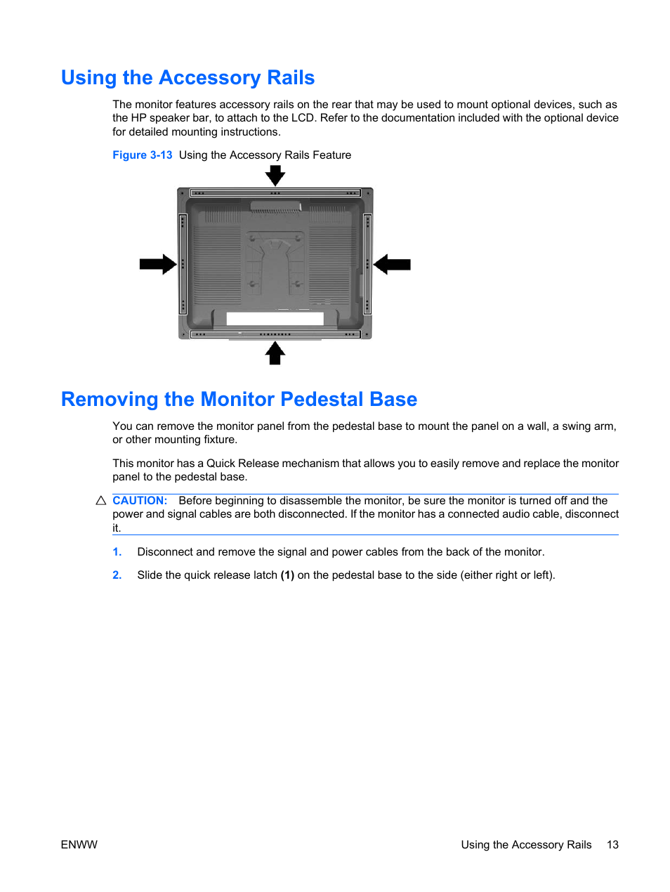 Using the accessory rails, Removing the monitor pedestal base | HP LP2065 20-inch LCD Monitor User Manual | Page 21 / 51