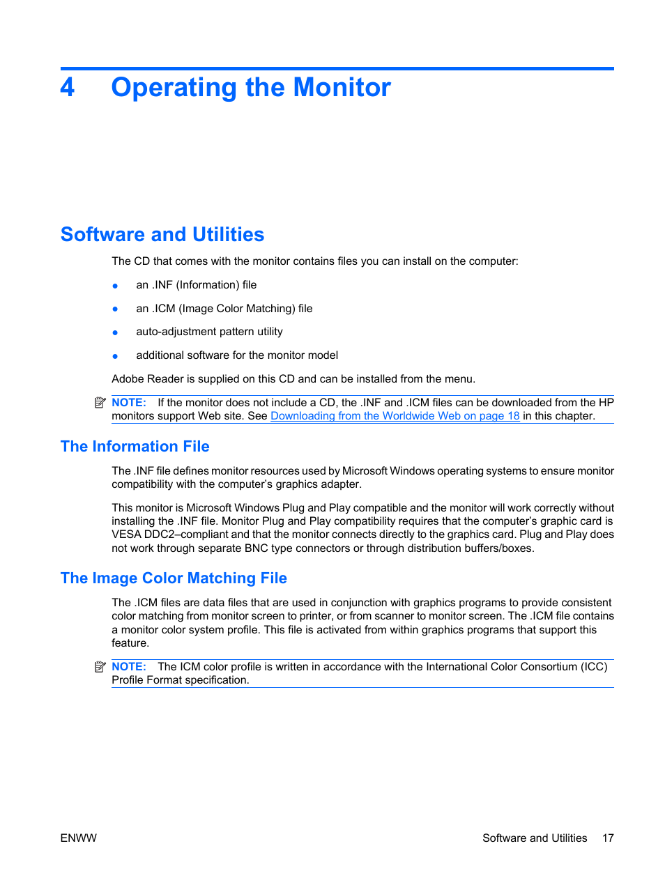 Operating the monitor, Software and utilities, The information file | The image color matching file, 4 operating the monitor, The information file the image color matching file, 4operating the monitor | HP LP2065 20-inch LCD Monitor User Manual | Page 25 / 51