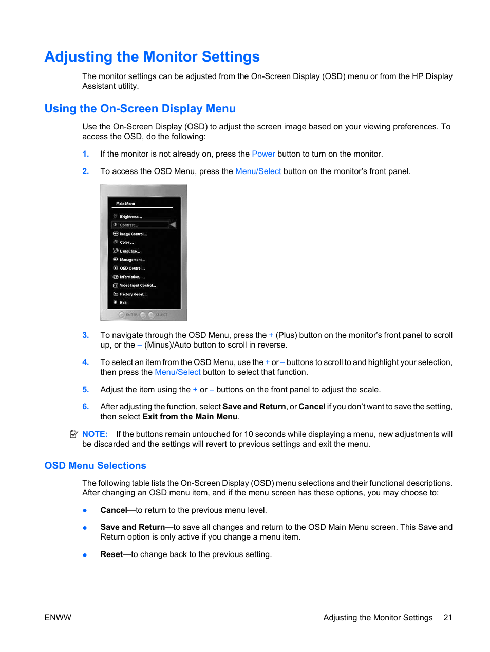 Adjusting the monitor settings, Using the on-screen display menu, Osd menu selections | HP LP2065 20-inch LCD Monitor User Manual | Page 29 / 51