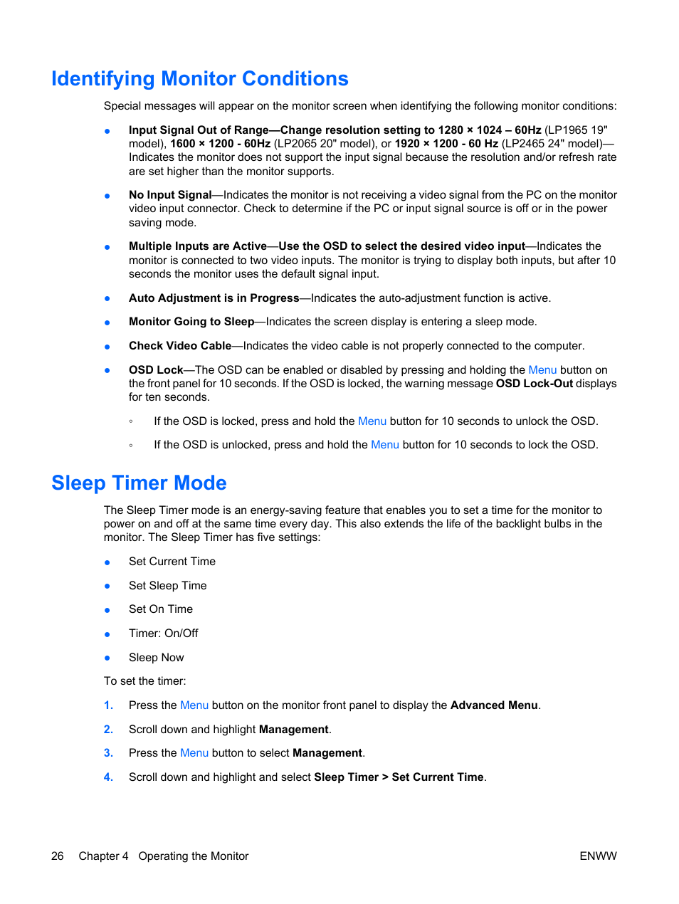 Identifying monitor conditions, Sleep timer mode, Identifying monitor conditions sleep timer mode | HP LP2065 20-inch LCD Monitor User Manual | Page 34 / 51