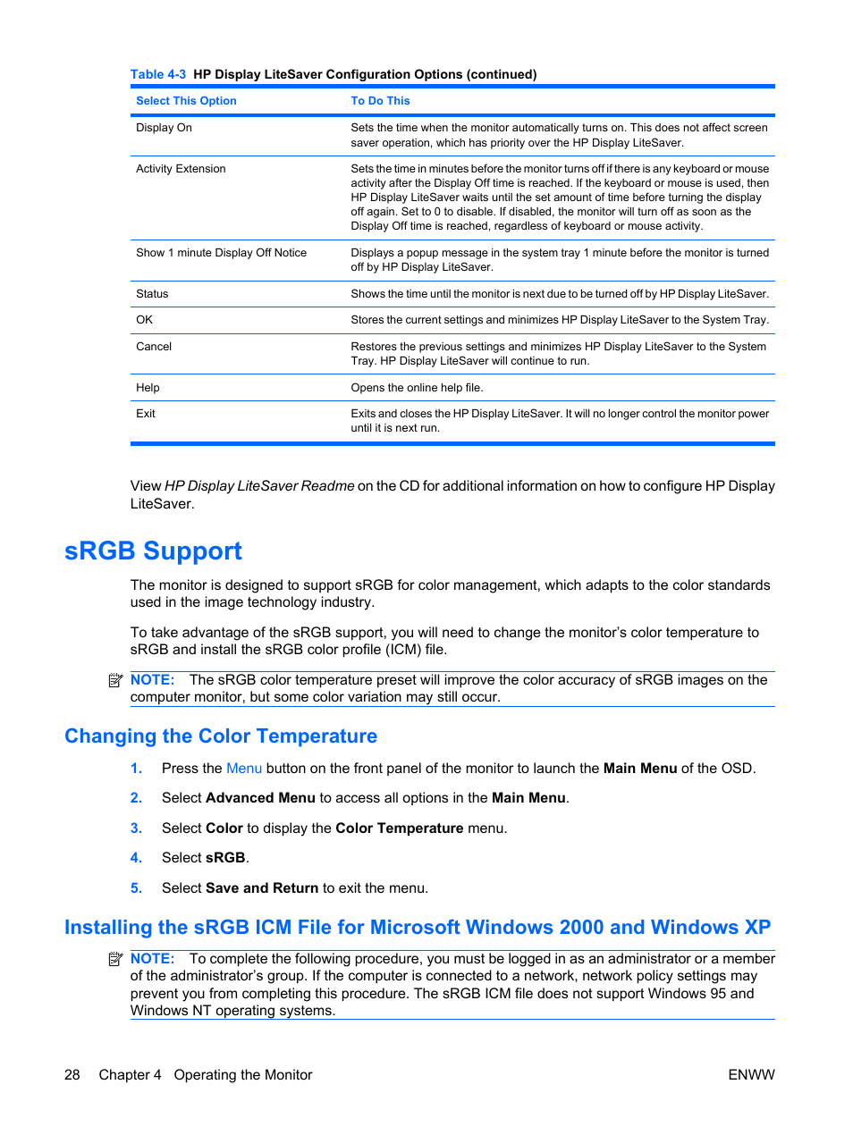 Srgb support, Changing the color temperature | HP LP2065 20-inch LCD Monitor User Manual | Page 36 / 51