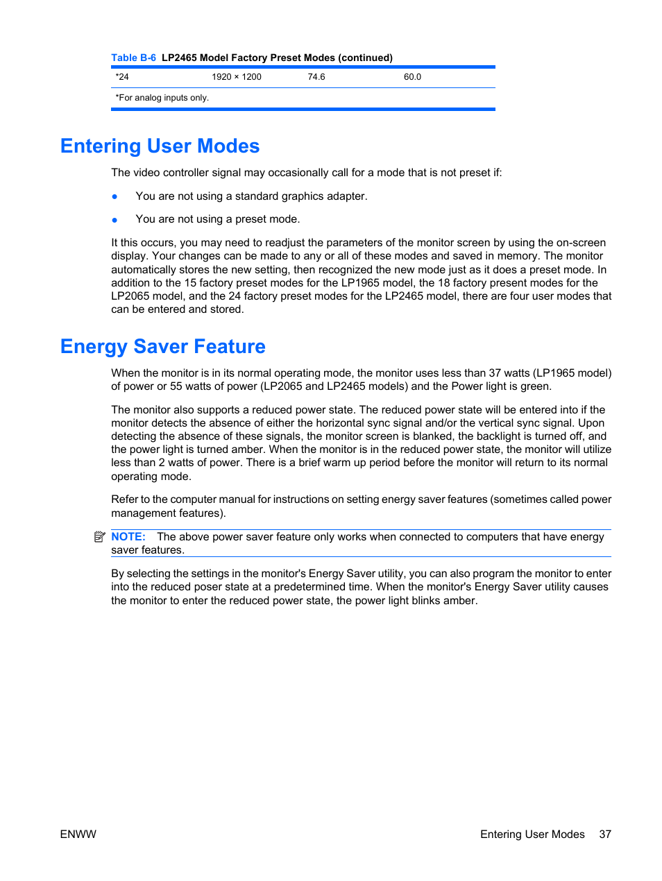 Entering user modes, Energy saver feature, Entering user modes energy saver feature | HP LP2065 20-inch LCD Monitor User Manual | Page 45 / 51