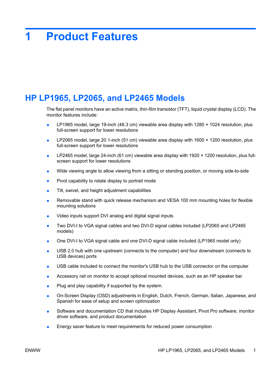 Product features, Hp lp1965, lp2065, and lp2465 models, 1 product features | 1product features | HP LP2065 20-inch LCD Monitor User Manual | Page 9 / 51