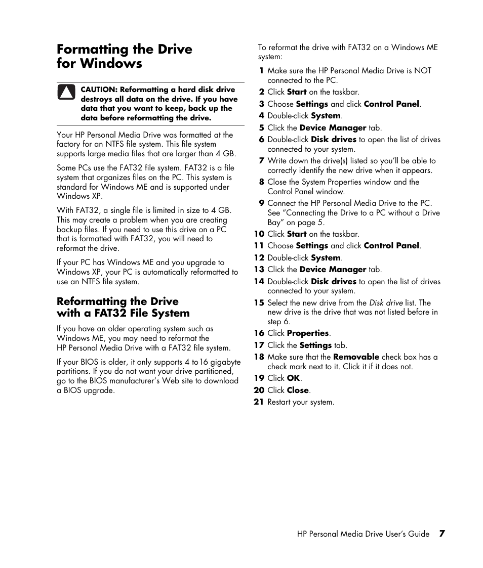 Formatting the drive for windows, Reformatting the drive with a fat32 file system | HP HD1600s Personal Media Drive User Manual | Page 11 / 16