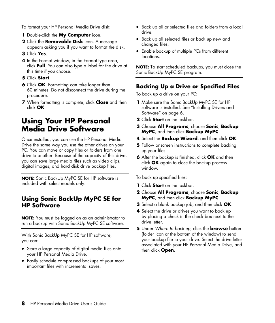 Using your hp personal media drive software, Using sonic backup mypc se for hp software, Backing up a drive or specified files | HP HD1600s Personal Media Drive User Manual | Page 12 / 16