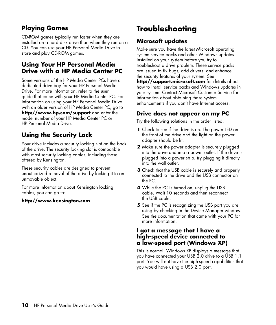 Playing games, Using the security lock, Troubleshooting | Microsoft updates, Drive does not appear on my pc | HP HD1600s Personal Media Drive User Manual | Page 14 / 16