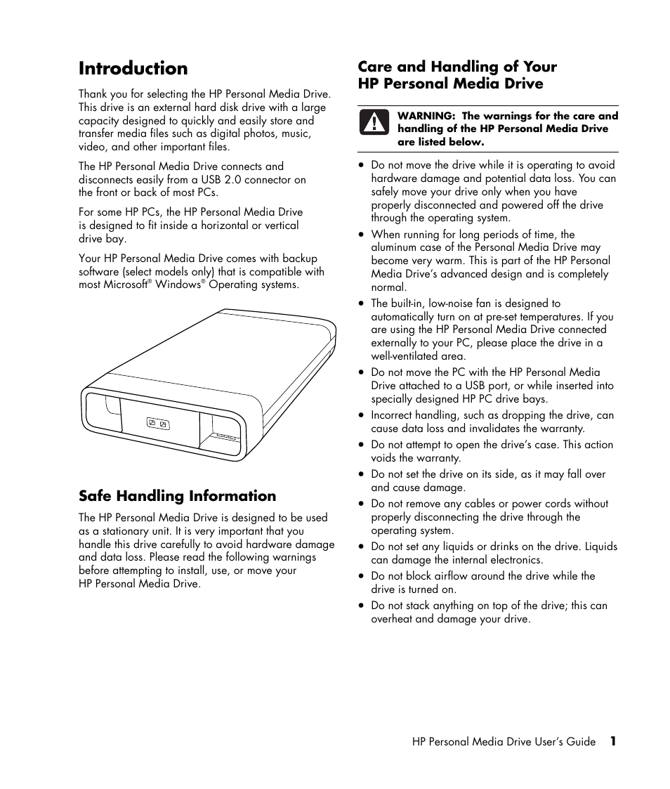 Introduction, Safe handling information, Care and handling of your hp personal media drive | HP HD1600s Personal Media Drive User Manual | Page 5 / 16