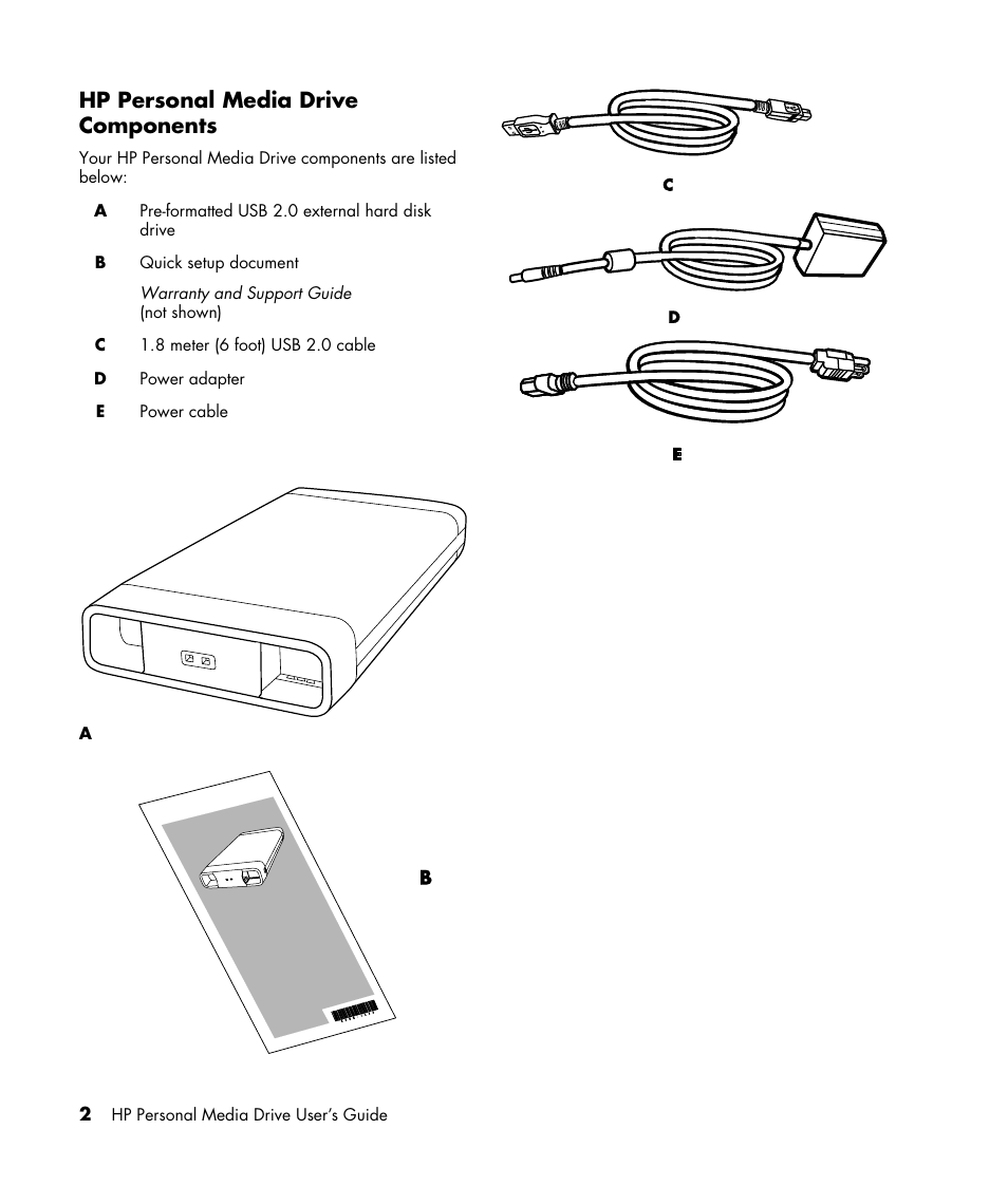 Hp personal media drive components | HP HD1600s Personal Media Drive User Manual | Page 6 / 16