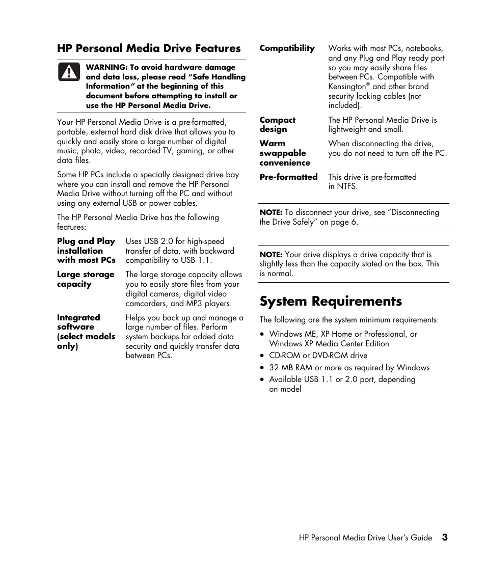 Hp personal media drive features, System requirements | HP HD1600s Personal Media Drive User Manual | Page 7 / 16