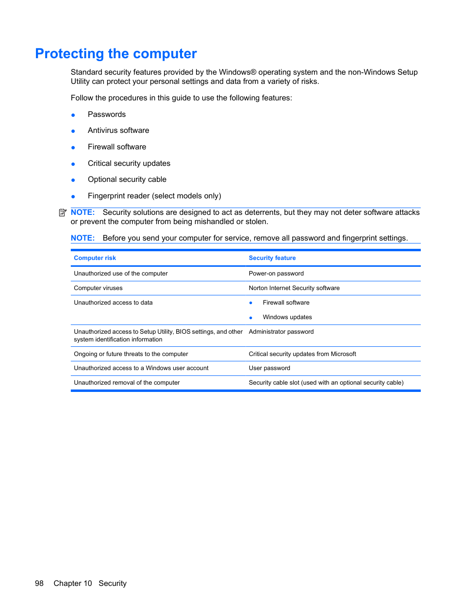 Protecting the computer | HP Compaq Presario CQ35-337TX Notebook PC User Manual | Page 108 / 135