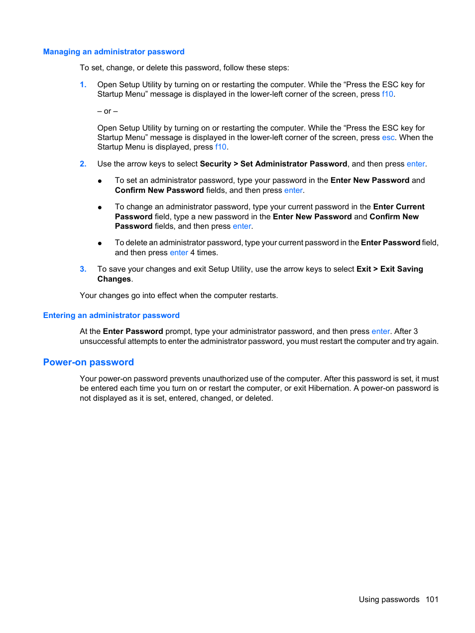 Managing an administrator password, Entering an administrator password, Power-on password | HP Compaq Presario CQ35-337TX Notebook PC User Manual | Page 111 / 135
