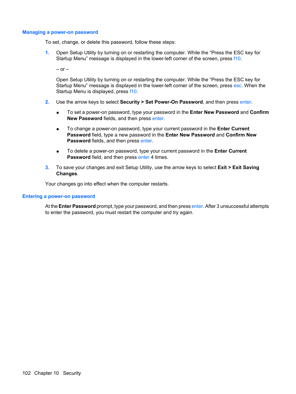 Managing a power-on password, Entering a power-on password | HP Compaq Presario CQ35-337TX Notebook PC User Manual | Page 112 / 135