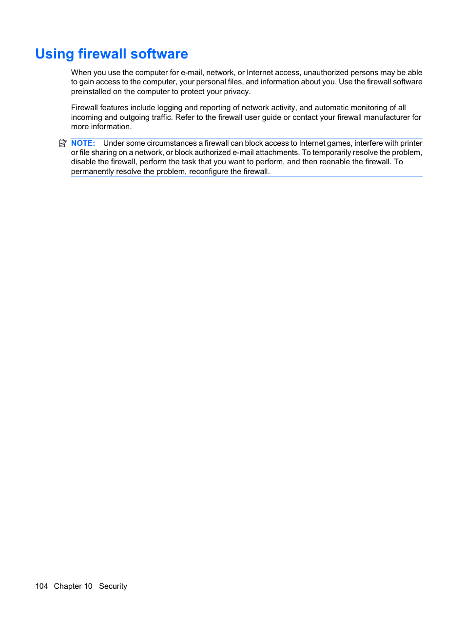 Using firewall software | HP Compaq Presario CQ35-337TX Notebook PC User Manual | Page 114 / 135