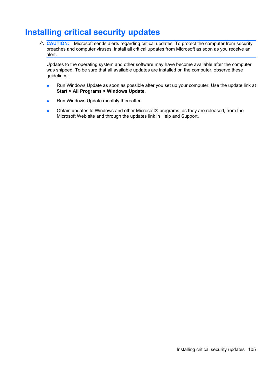 Installing critical security updates | HP Compaq Presario CQ35-337TX Notebook PC User Manual | Page 115 / 135