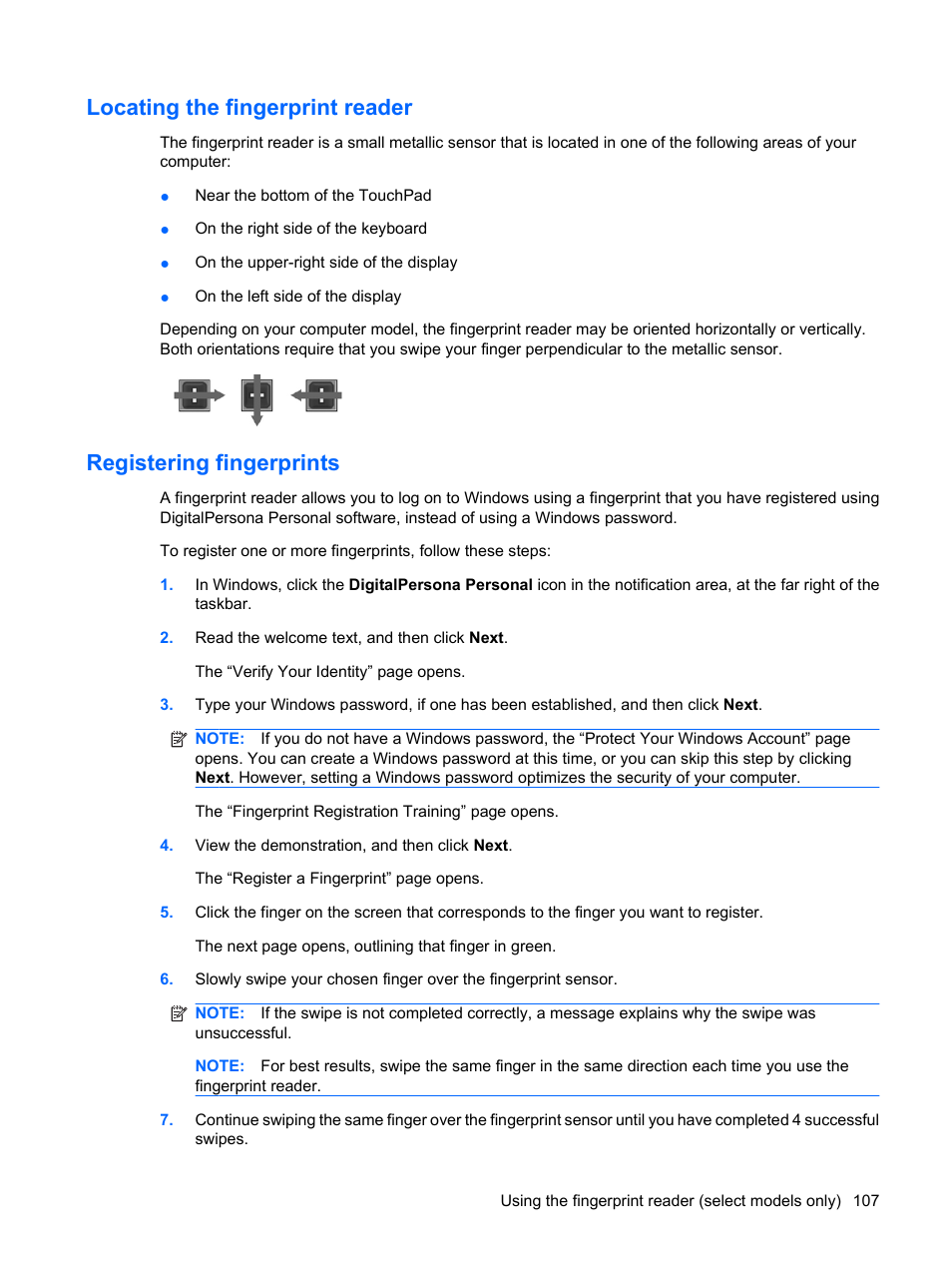 Locating the fingerprint reader, Registering fingerprints | HP Compaq Presario CQ35-337TX Notebook PC User Manual | Page 117 / 135