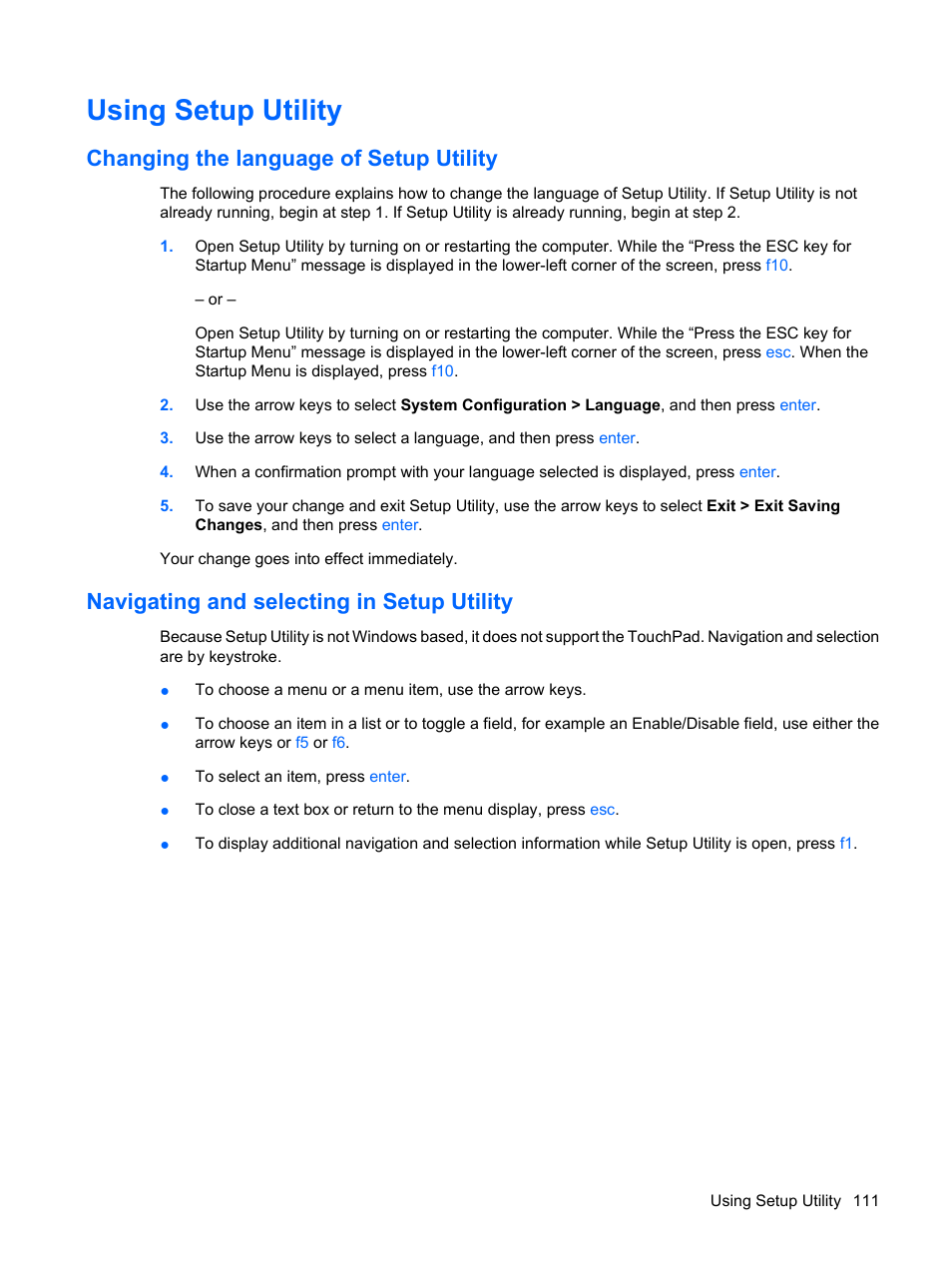 Using setup utility, Changing the language of setup utility, Navigating and selecting in setup utility | HP Compaq Presario CQ35-337TX Notebook PC User Manual | Page 121 / 135