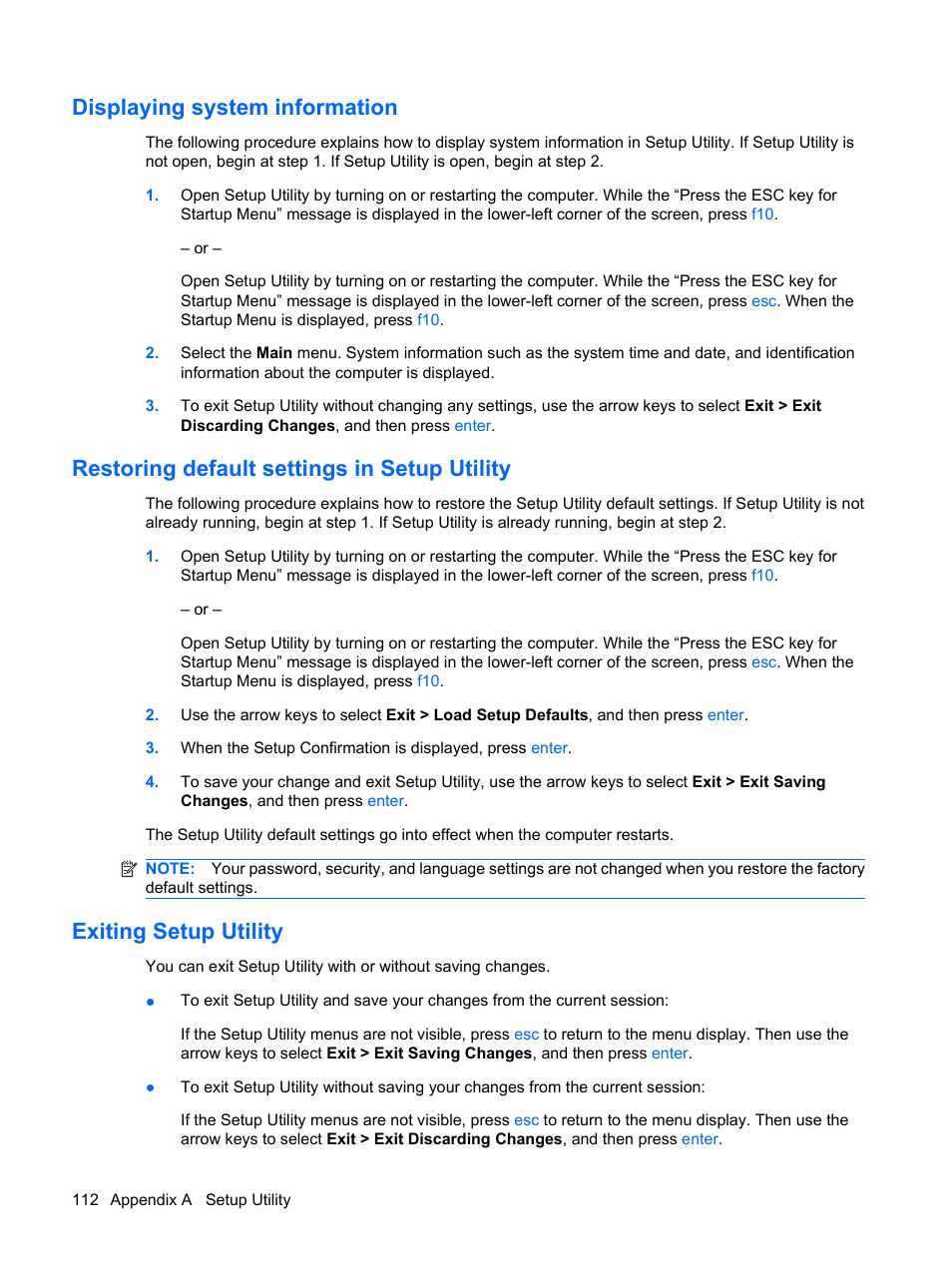 Displaying system information, Restoring default settings in setup utility, Exiting setup utility | HP Compaq Presario CQ35-337TX Notebook PC User Manual | Page 122 / 135